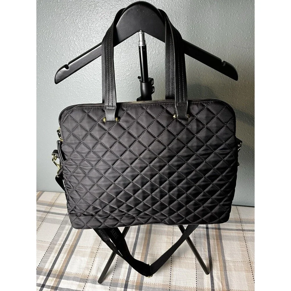 Steve Madden Laptop Book Bag Messenger Black Quilted Padded Logo Strap